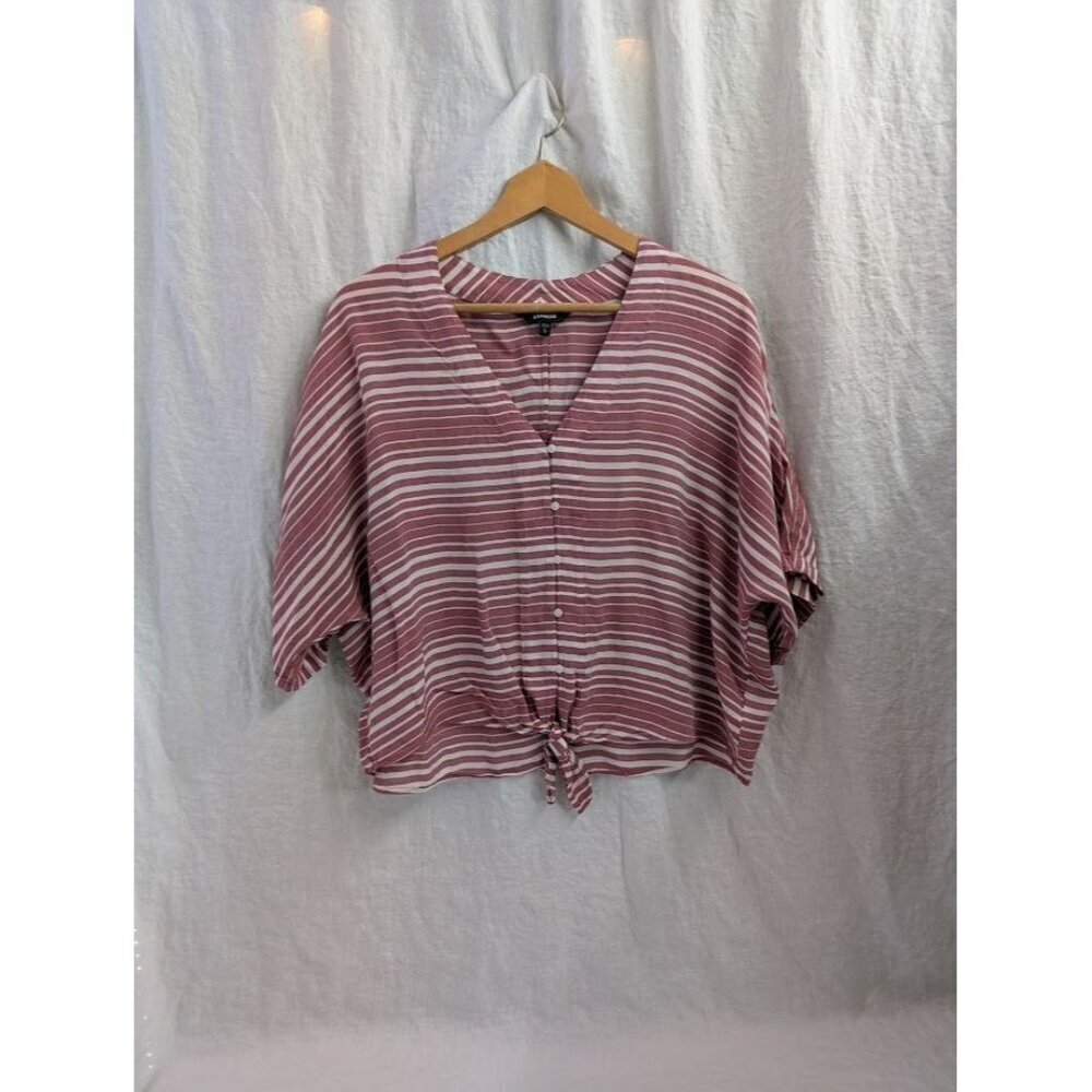 Express women's size Medium rayon v neck boxy tie front blouse burgundy white L5
